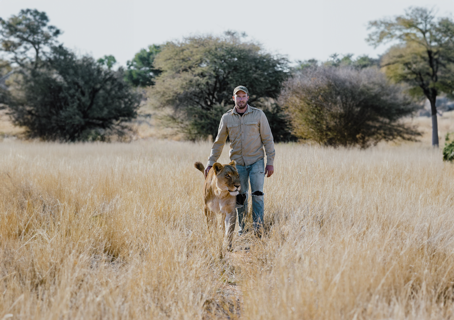 Valentin walking with Sirga through the Kalahari grasslands